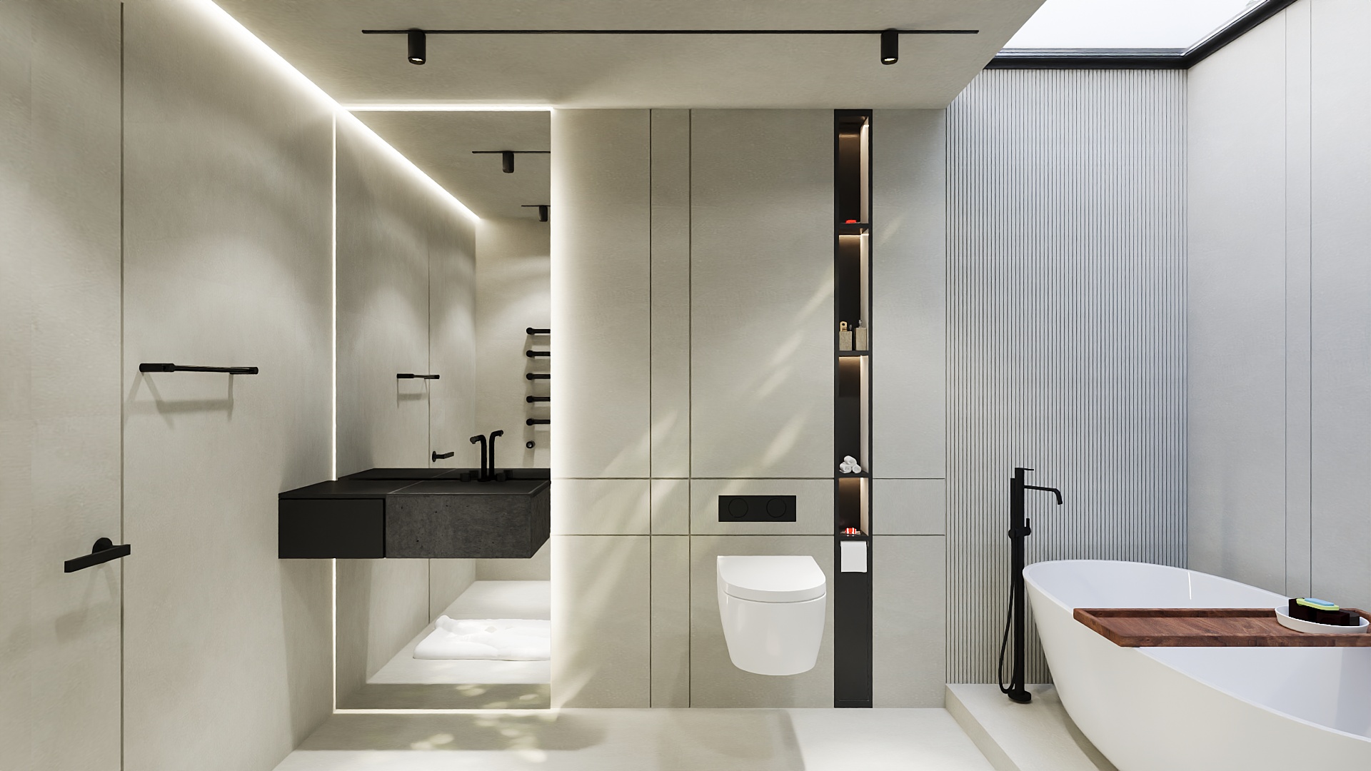Linijų ir švaros kompozicija modernios stilistikos vonioje