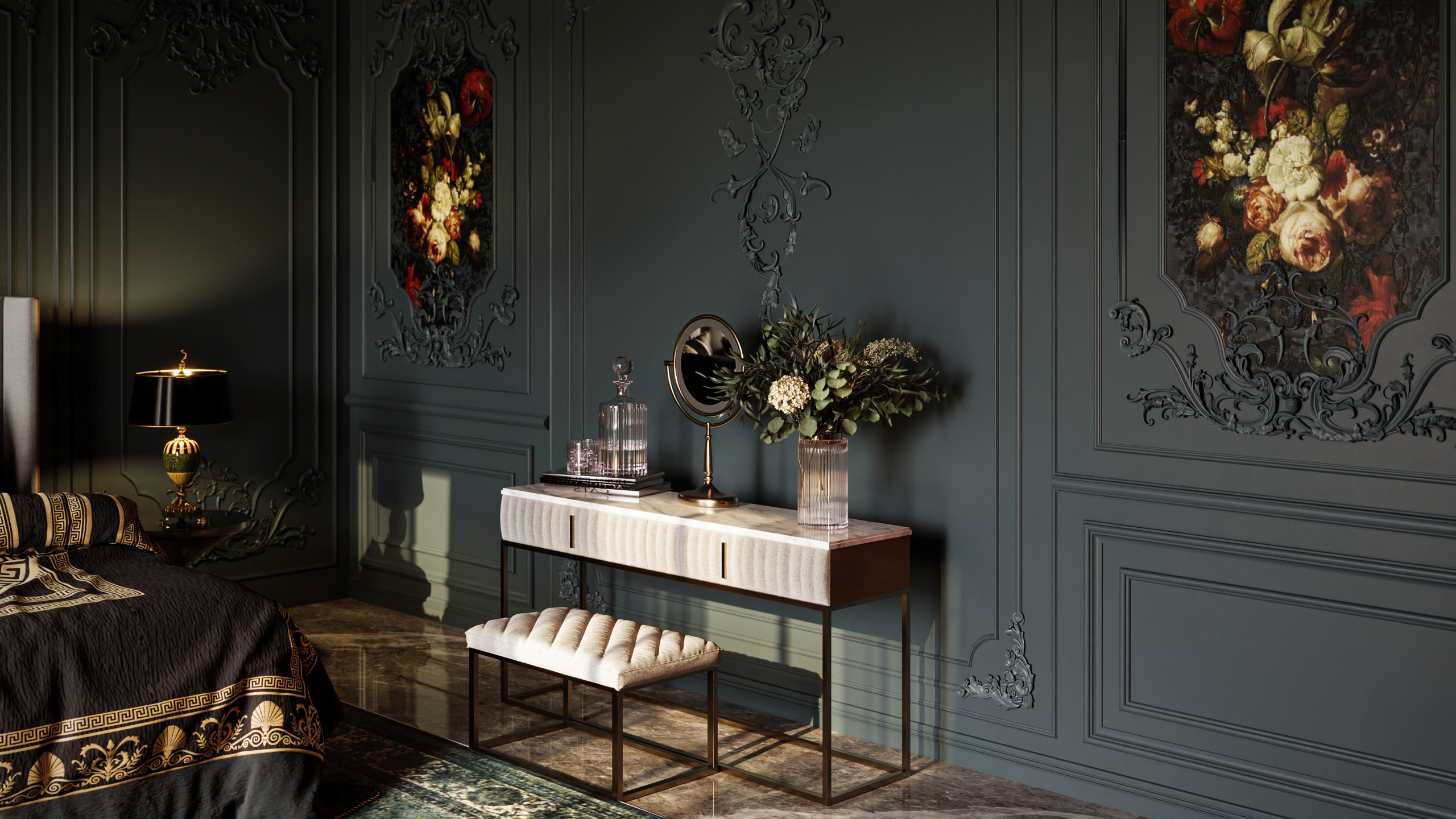 Tamsus klasikinio stiliaus miegamojo interjeras su prabangiais audiniais