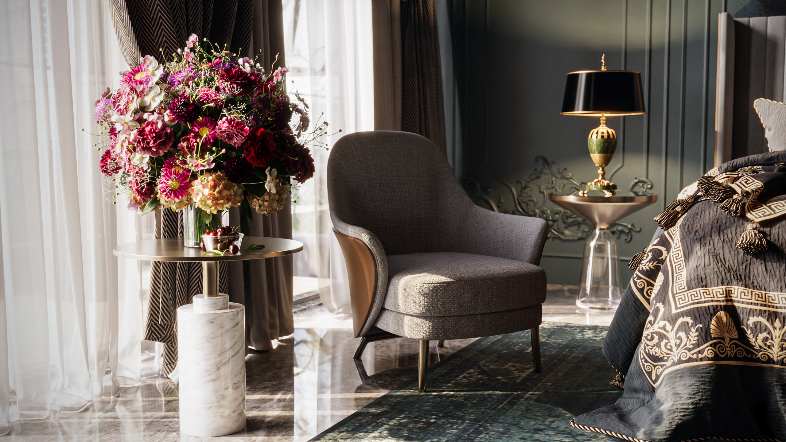 Tamsus klasikinio stiliaus miegamojo interjeras su prabangiais audiniais