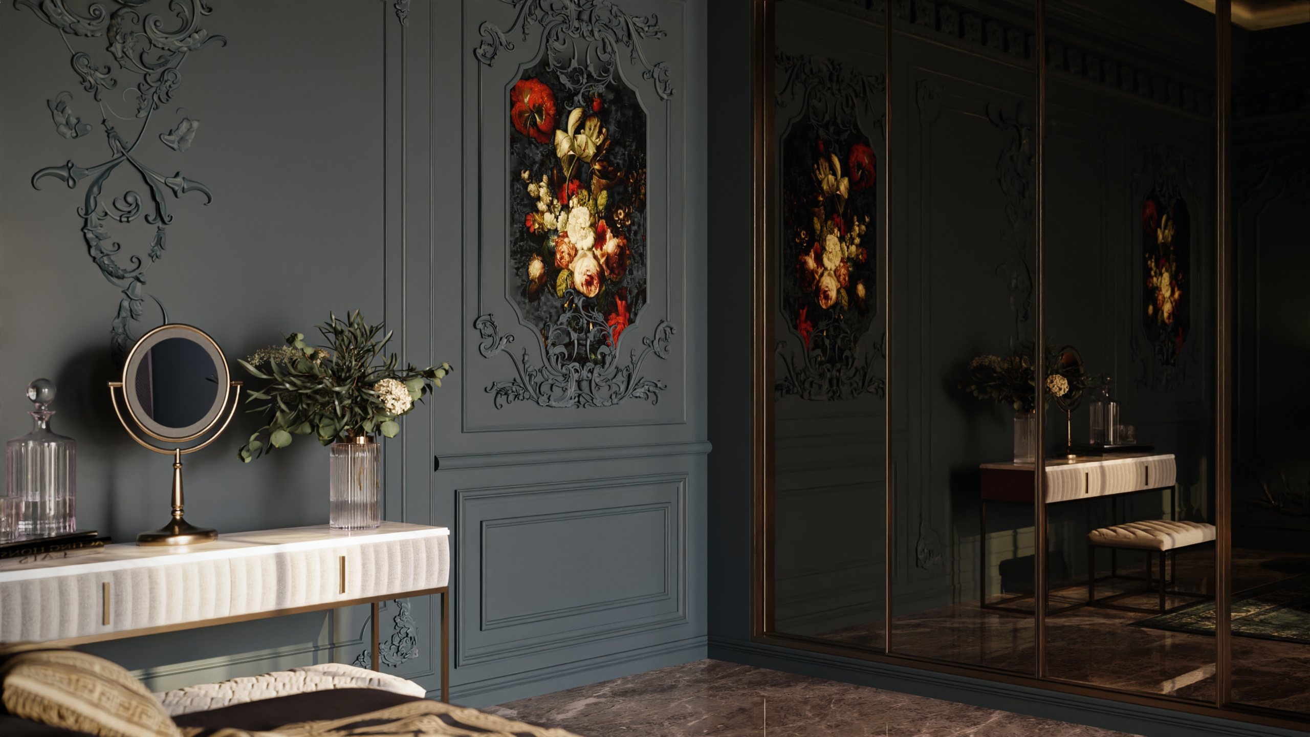 Tamsus klasikinio stiliaus miegamojo interjeras su prabangiais audiniais