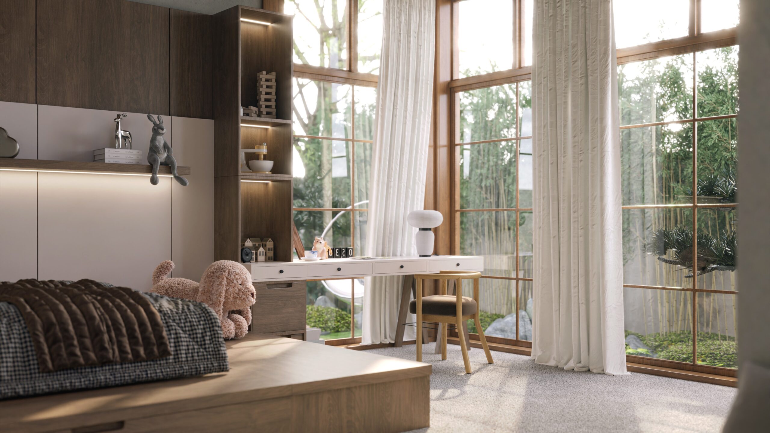 Jaukus, ramių spalvos tonų vaiko kambarys