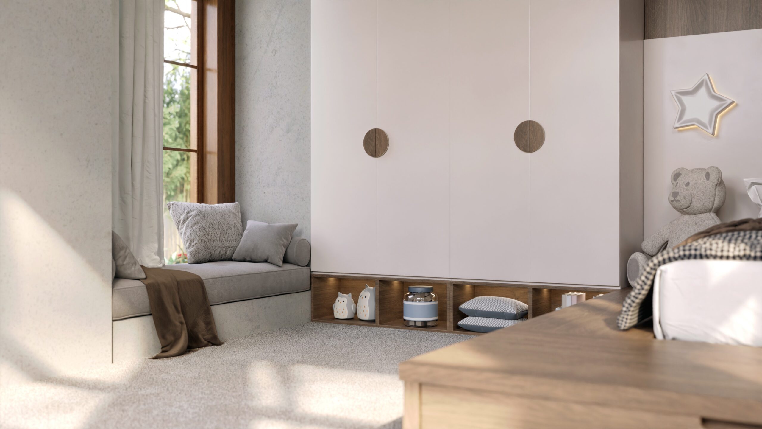 Jaukus, ramių spalvos tonų vaiko kambarys